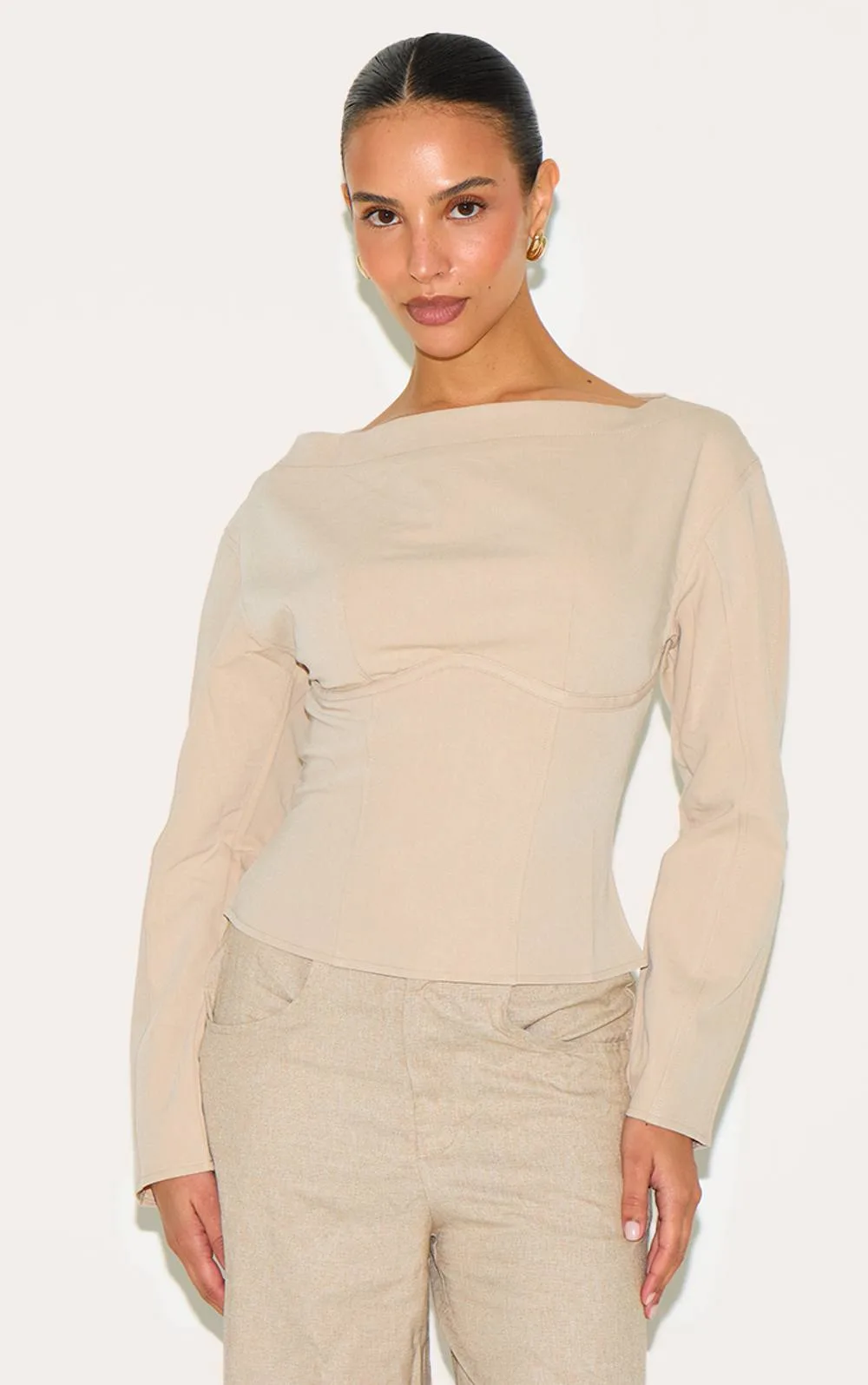 Woven Cinched Waist Detail Long Top - Stone