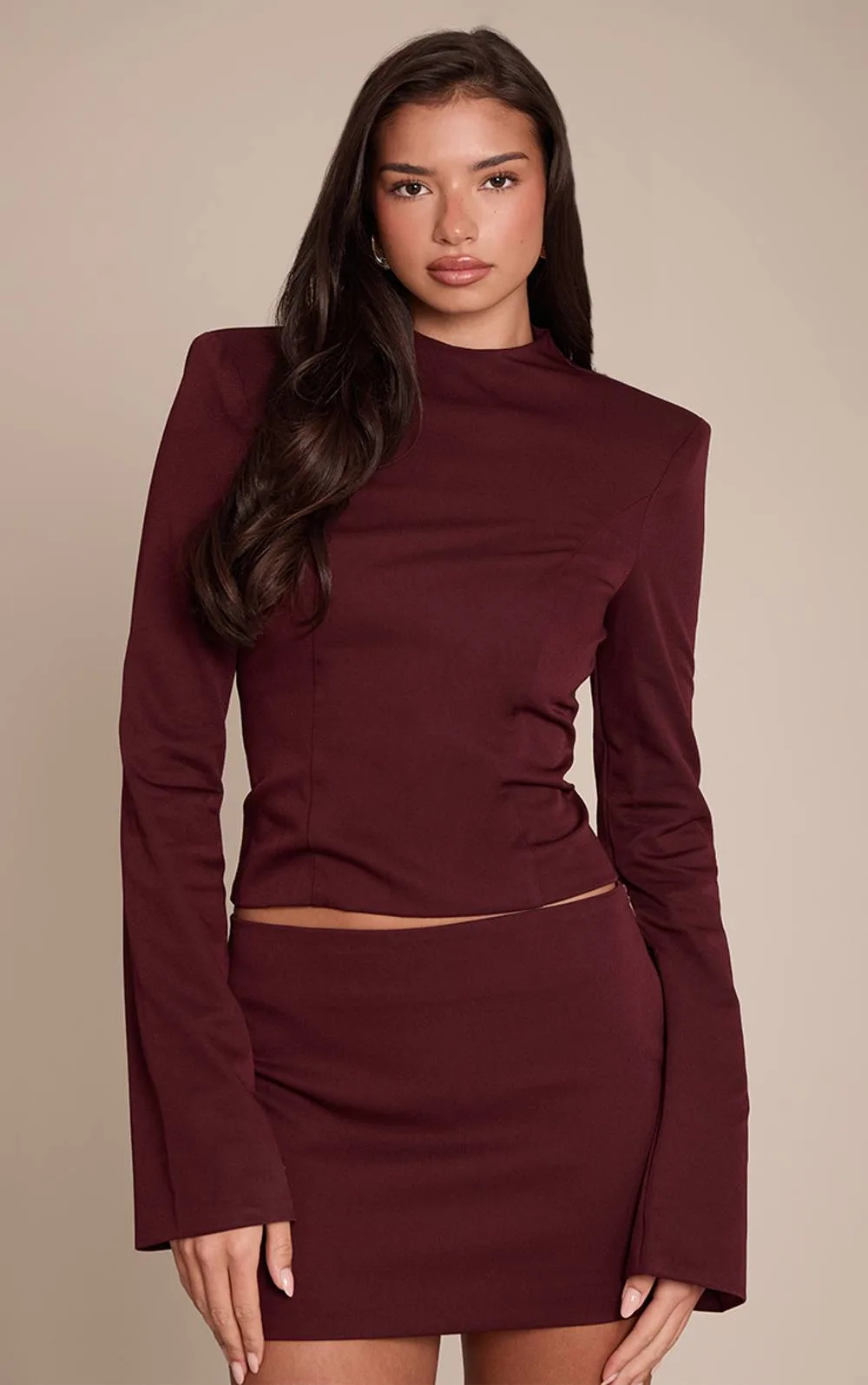 Twill Tailored High Neck Long Sleeve Top Co-Ord