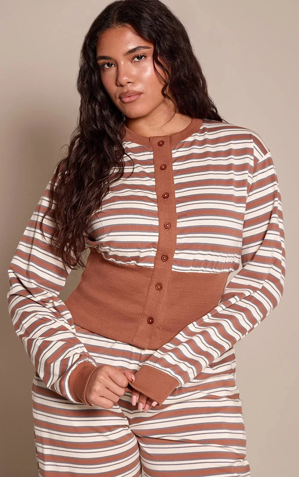 Striped Button Through Ribbed Hem Top Co-Ord by PrettyLittleThing