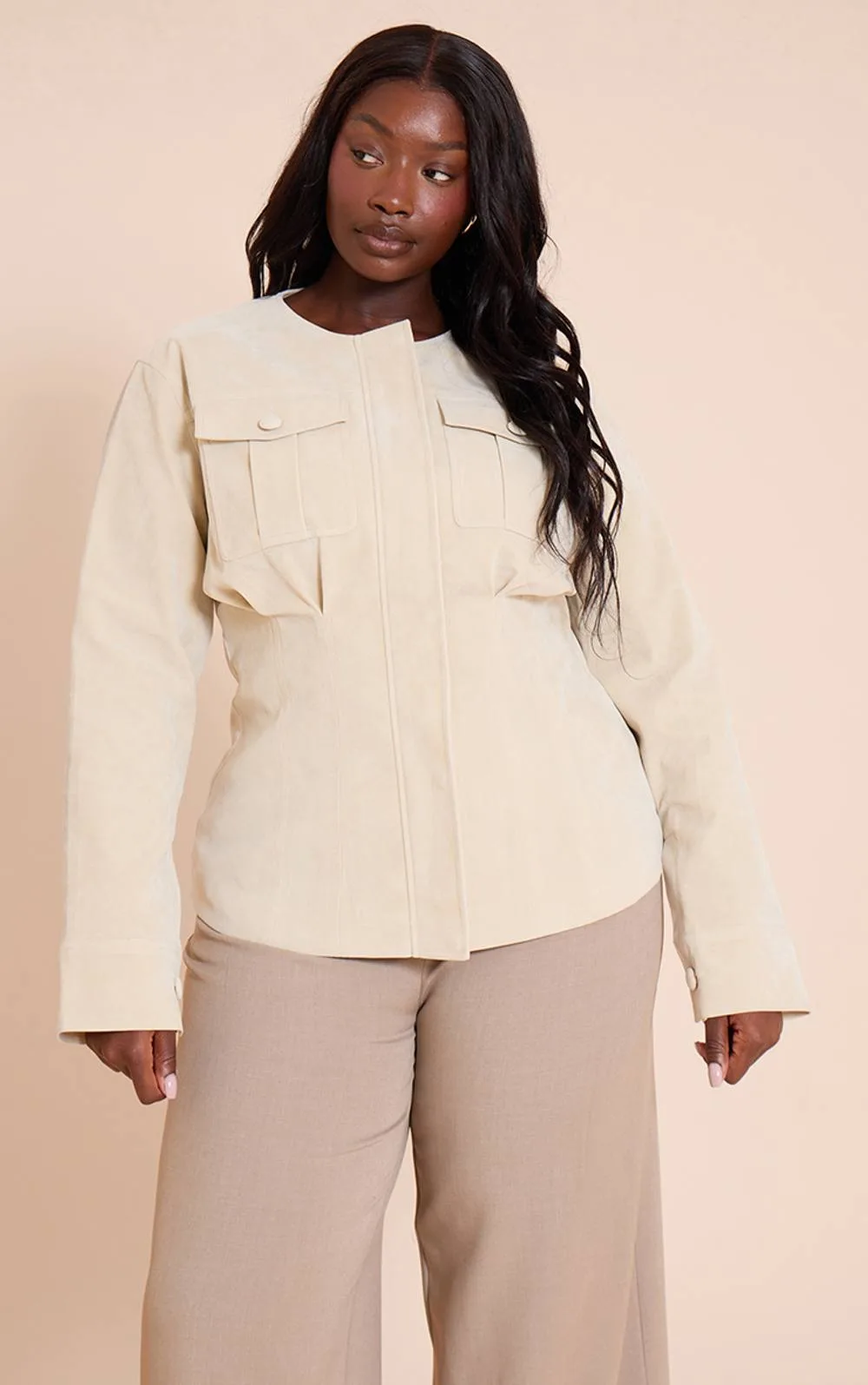 Faux Suede Cinch Waist Covered Button Jacket by PrettyLittleThing
