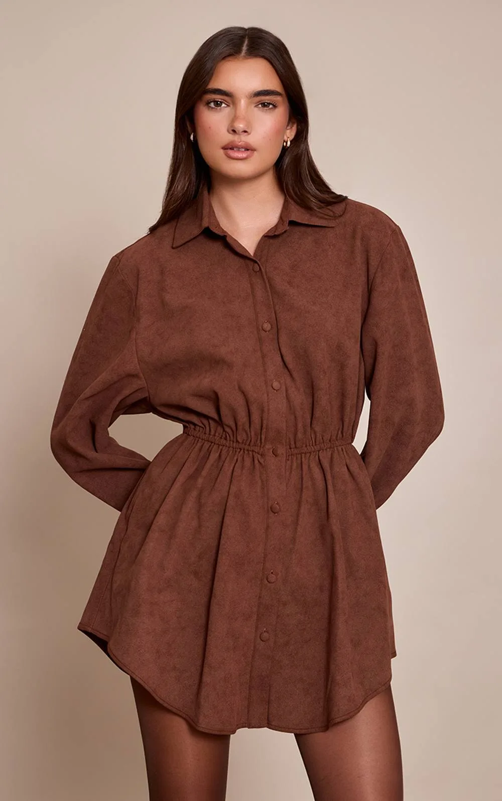 Faux Suede Button Down Cinched Waist Mini Dress by PrettyLittleThing