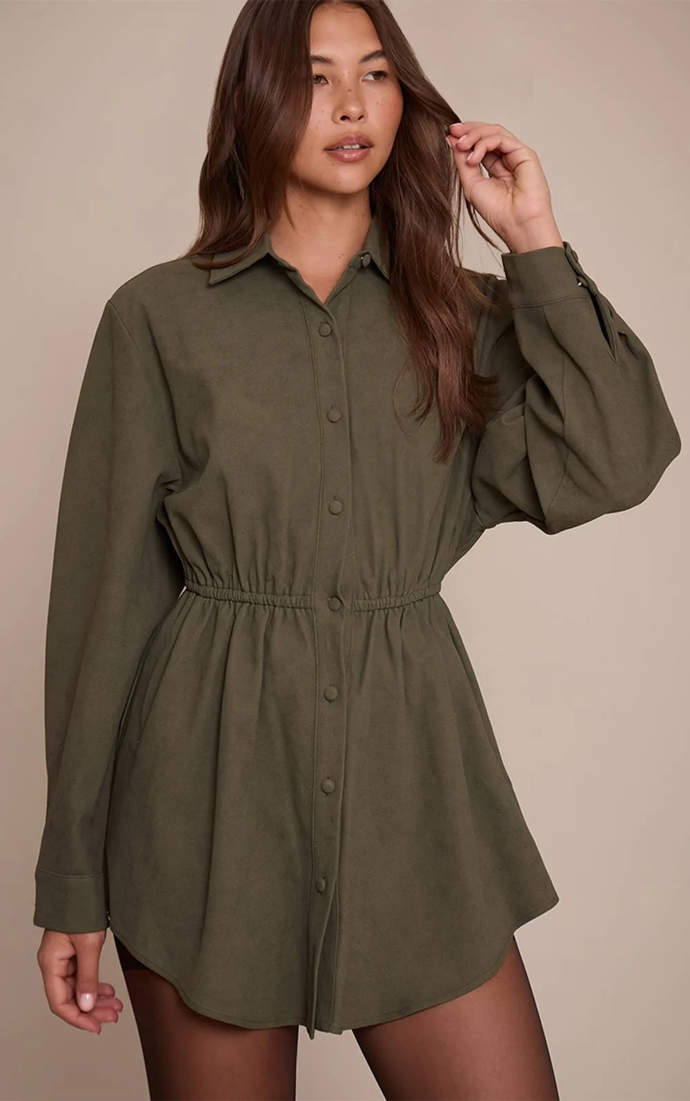 Faux Suede Button Down Cinched Waist Mini Dress