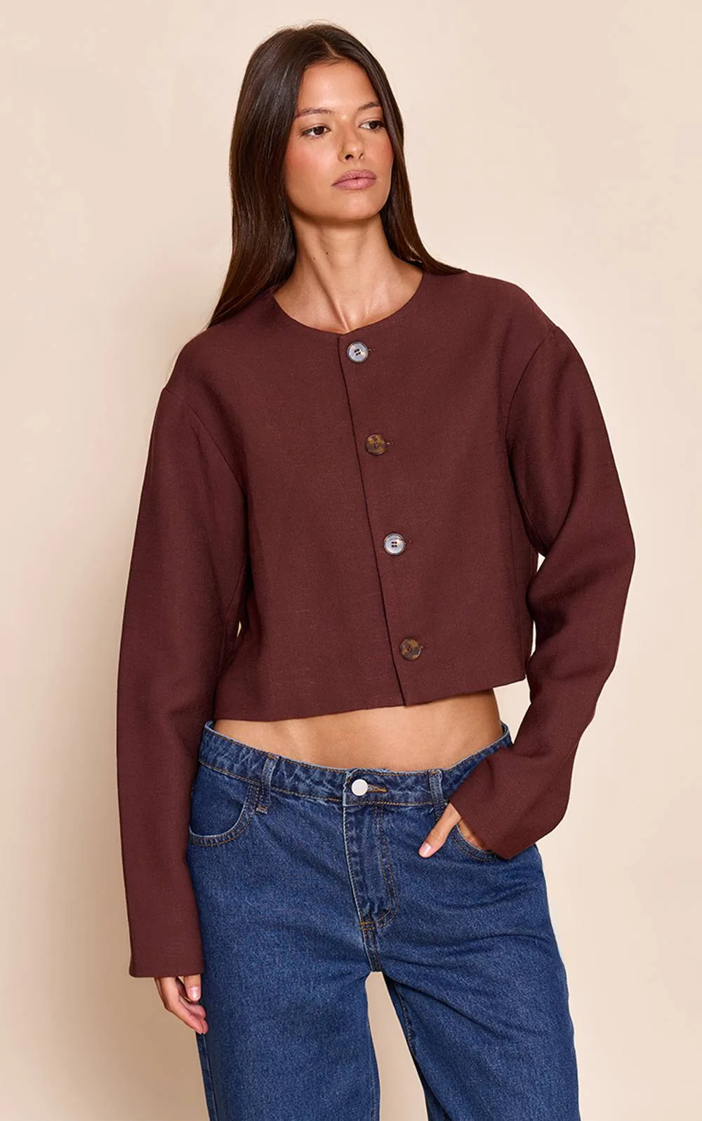 Linen Look Boxy Button Up Jacket