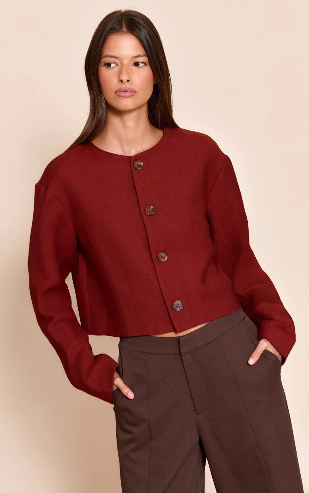 Linen Look Boxy Button Up Jacket