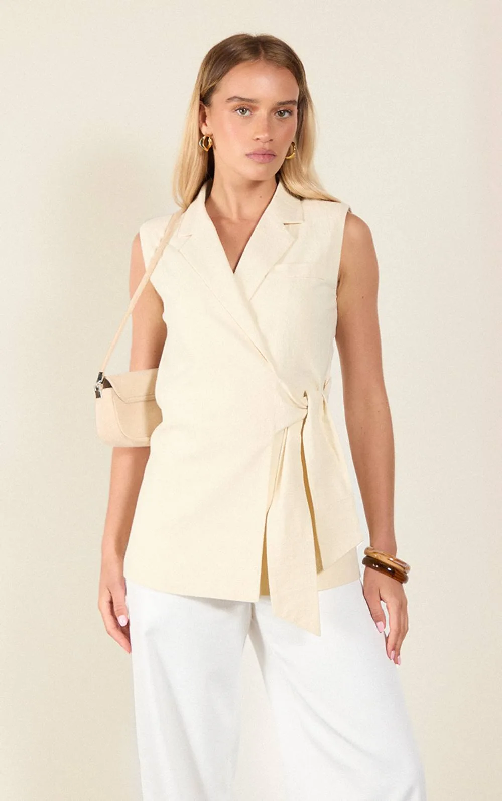 Linen Look Tie Waist Waistcoat