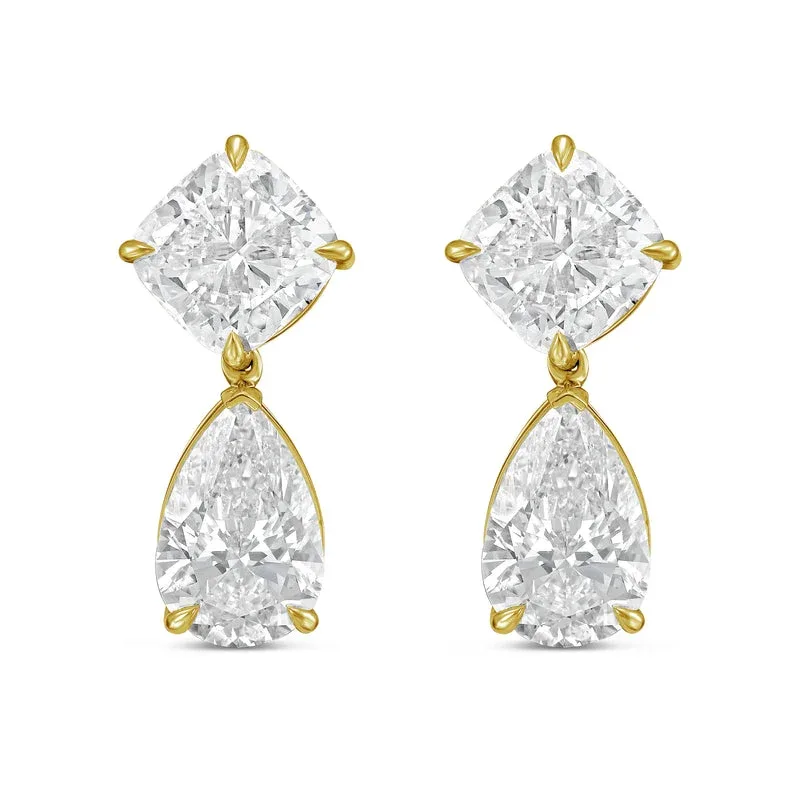 14kt Yellow Gold 10.00 ct tw of Lab Grown Square Cushion and Pear Shape Diamond Earrings by Diana M Jewels