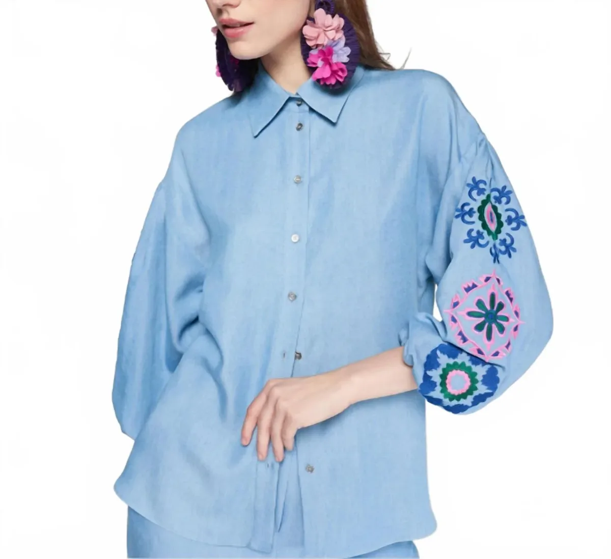 Button Down Embroidered Long Sleeve Blouse by Vilagallo