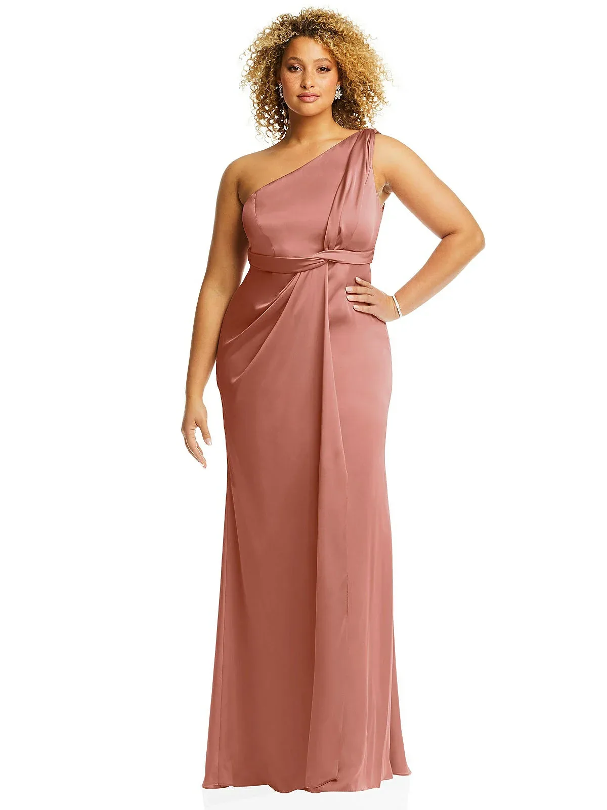 One-Shoulder Draped Twist Empire Waist Trumpet Gown