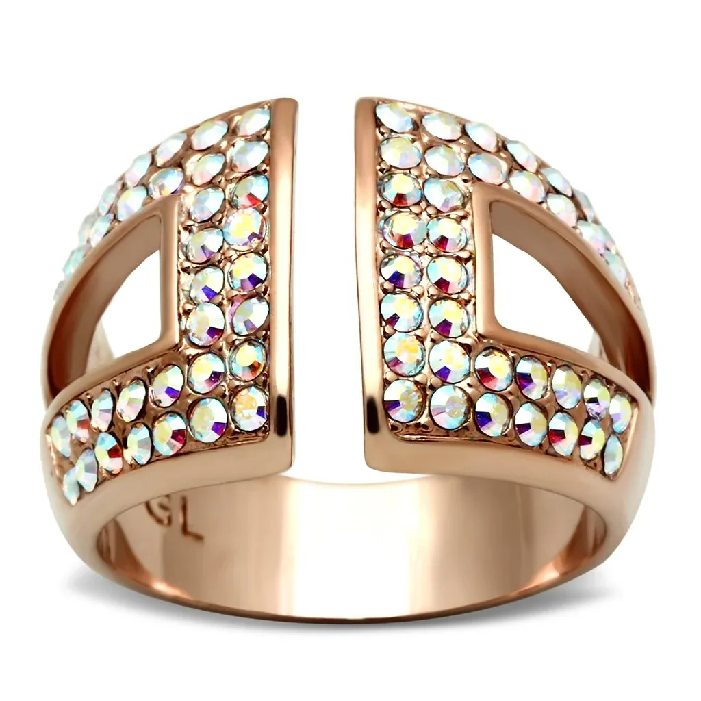 IP Rose Gold Ion Plating Brass Ring with Top Grade Crystal in Aurora Borealis Rainbow Effect by FASHNZFAB