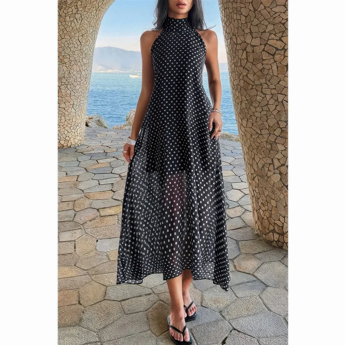 Halter Polka Dot Back Knot Tulle Dress by TRUEDAMES