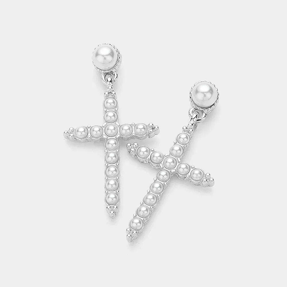 Pearl Cross Dangle Earrings by FASHNZFAB