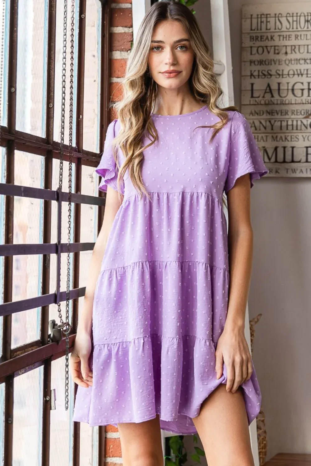 Heimish Full Size Swiss Dot Short Sleeve Tiered Dress by TRUEDAMES