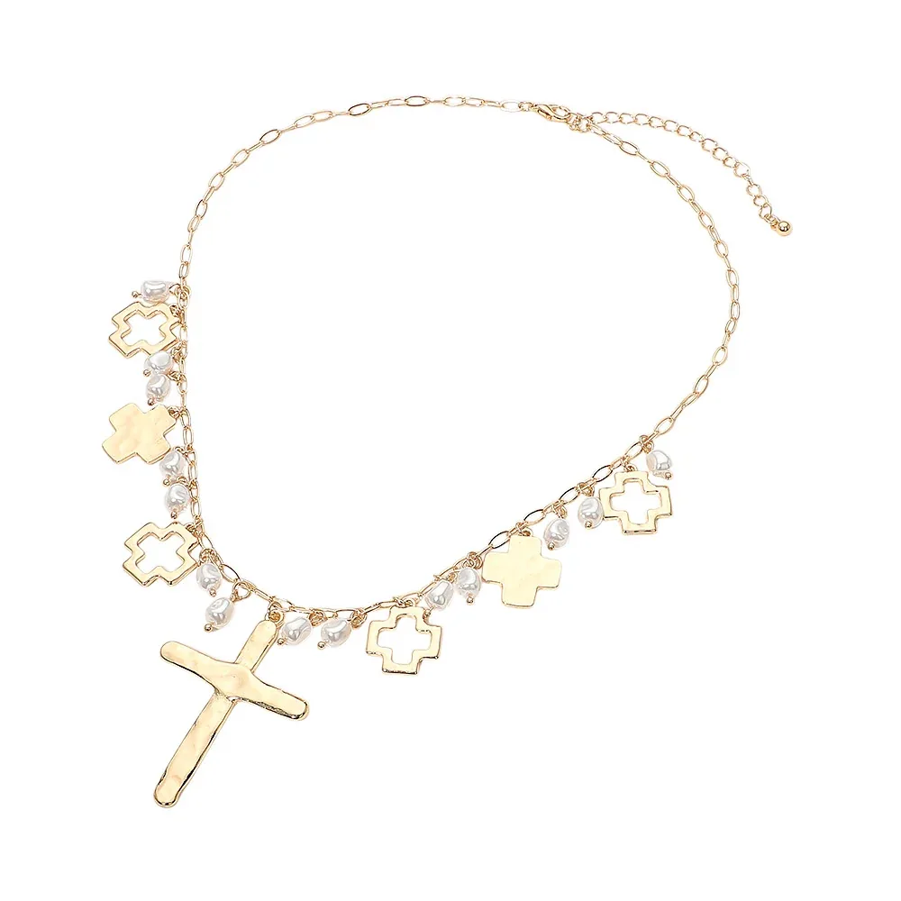 Hammered Metal Cross Pearl Charm Embellished Necklace by FASHNZFAB