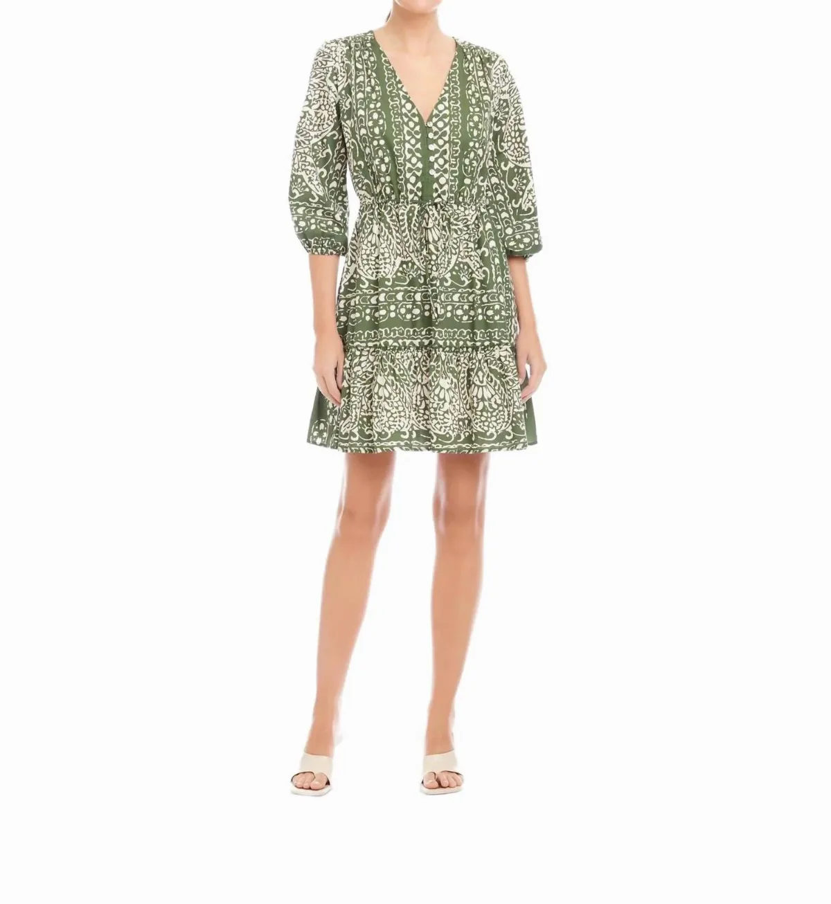 Tasha Tiered Dress in Green/Off White Print by Fifteen Twenty