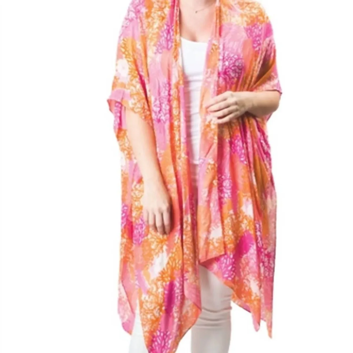 Kari Printed Lightweight Kimono Wrap Shawl in Pink Sea Coral by Top It Off