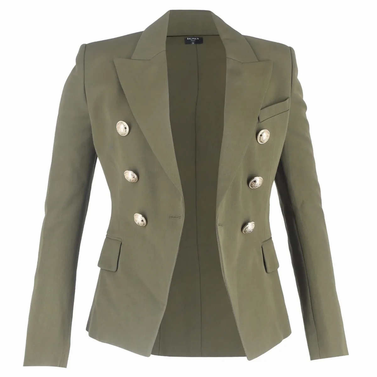 Double-Breasted Blazer with Pockets in Olive Wool by Balmain