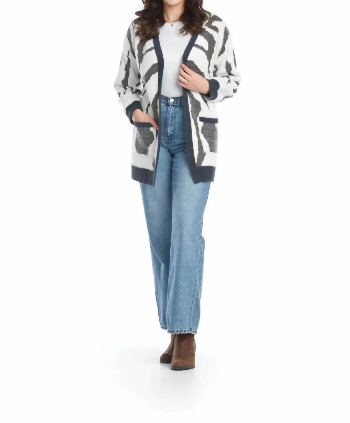Eyelash Zebra Cardigan with Patch Pockets by Papillon