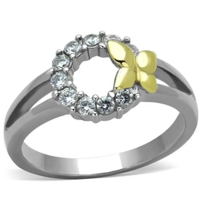 Two-Tone IP Gold (ion Plating) Stainless Steel Ring with AAA Grade CZ in Clear by FASHNZFAB