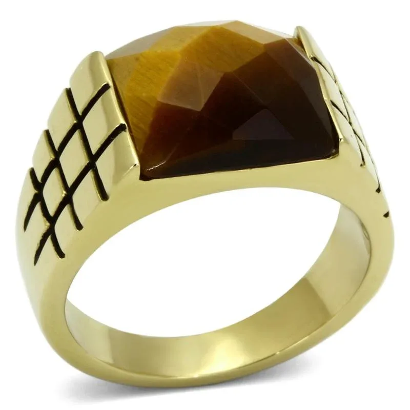 IP Gold (ion Plating) Stainless Steel Ring with Semi-Precious Tiger Eye in Topaz by FASHNZFAB