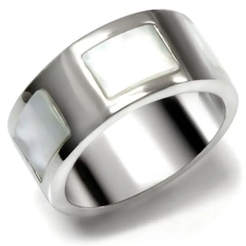 High Polished (no Plating) Stainless Steel Ring with Precious Stone Conch in White by FASHNZFAB