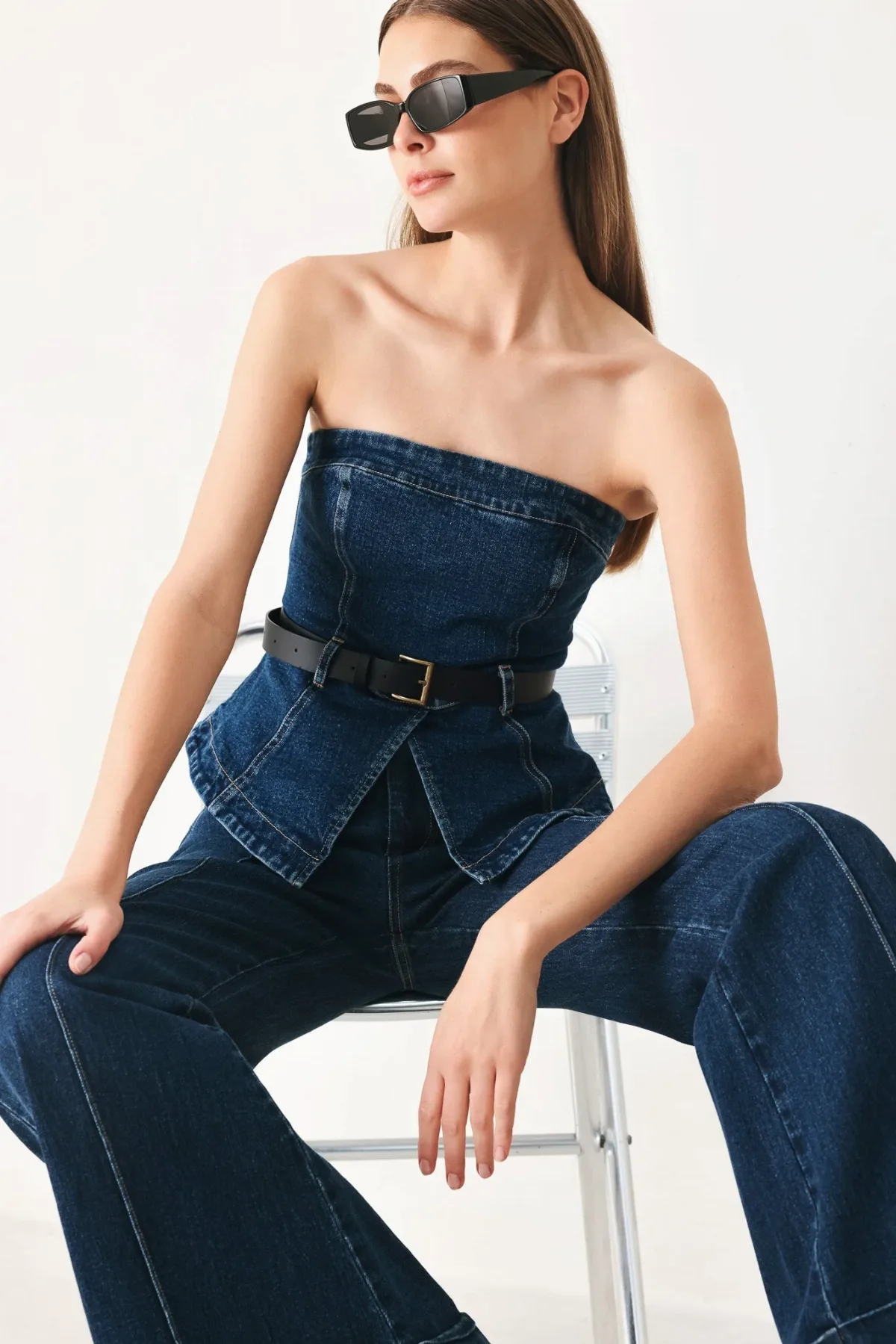 Skyline Flare Denim Tube Top by TRUEDAMES