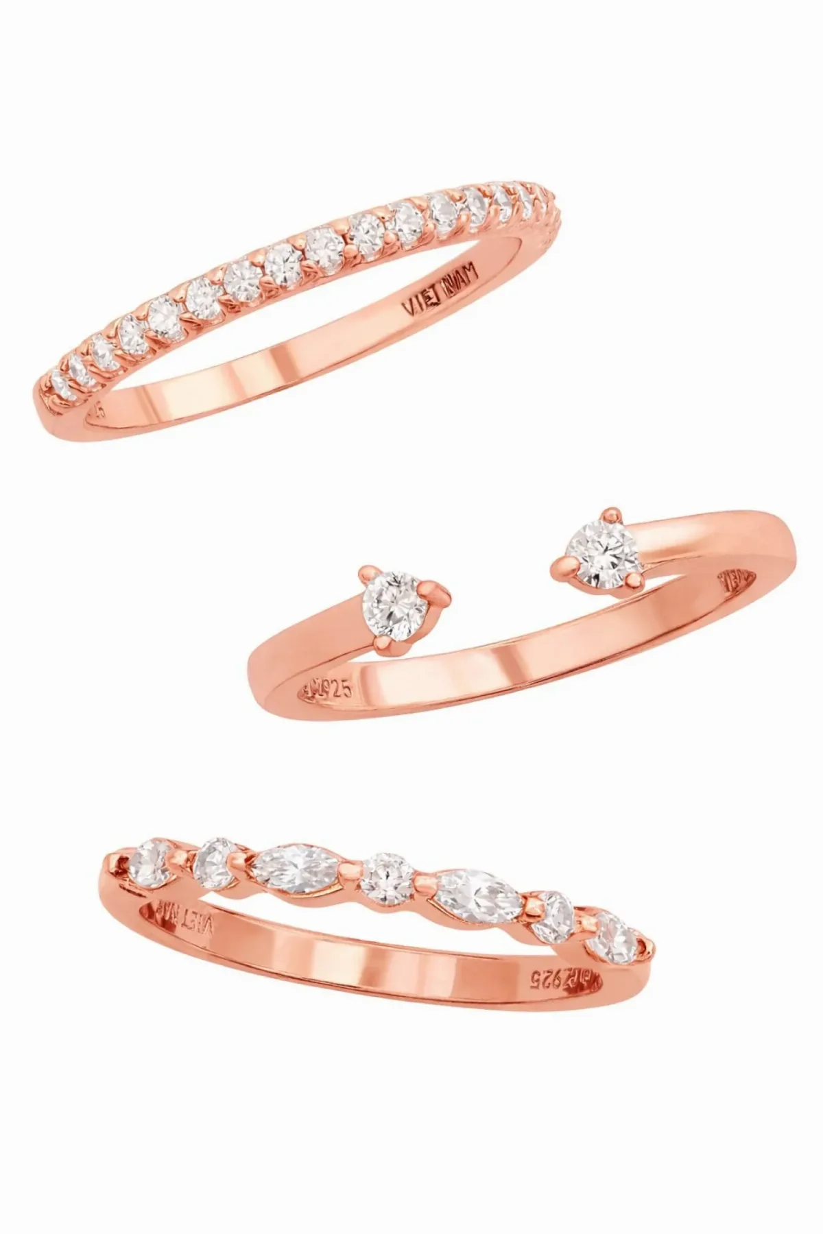 Rose Gold Plated White CZ Set of 3 Rings by SAVVY CIE JEWELS