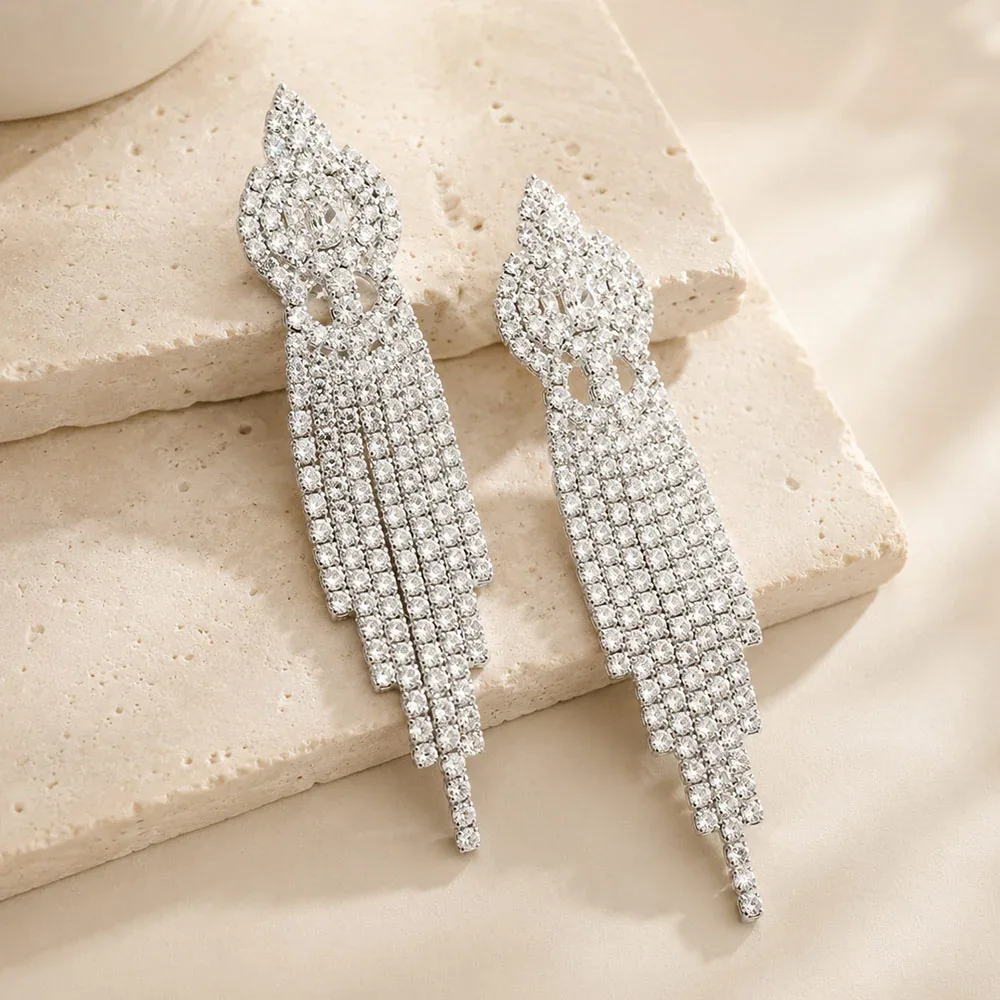 Crystal Rhinestone Pave Fringe Evening Earrings
