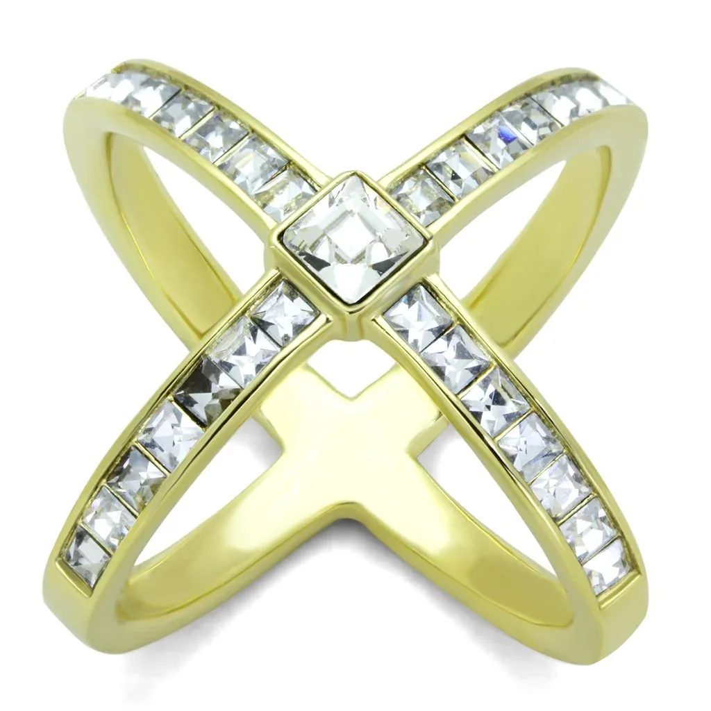 IP Gold Ion Plating Stainless Steel Ring with Top Grade Crystal in Clear by FASHNZFAB