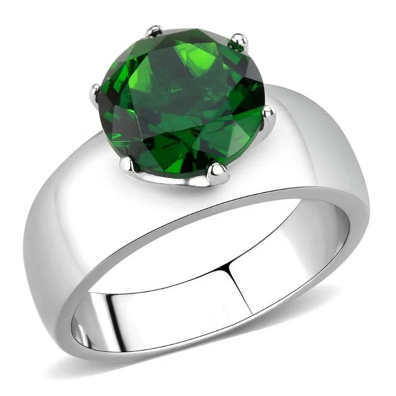 High Polished Stainless Steel Ring with Synthetic Glass in Emerald by FASHNZFAB
