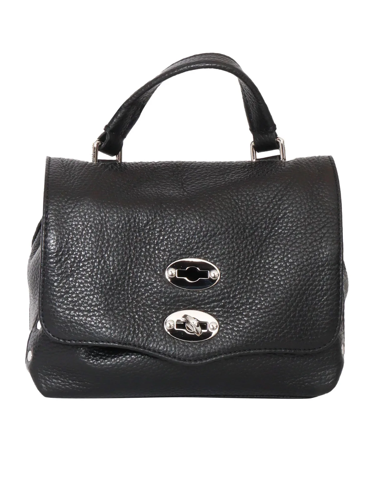 Medium Black Bovine Leather Shoulder Bag with Silver Accents