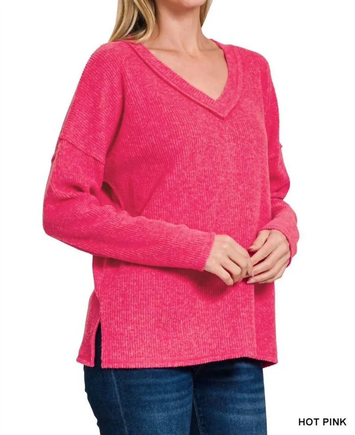 Ribbed V Neck Drop Shoulder Sweater by 42POPS