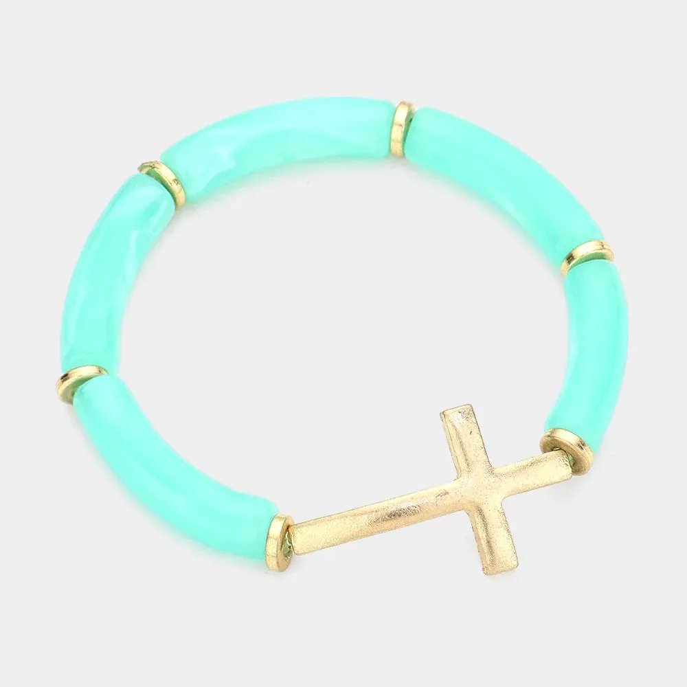 Worn Metal Cross Accented Celluloid Acetate Stretch Bracelet by FASHNZFAB