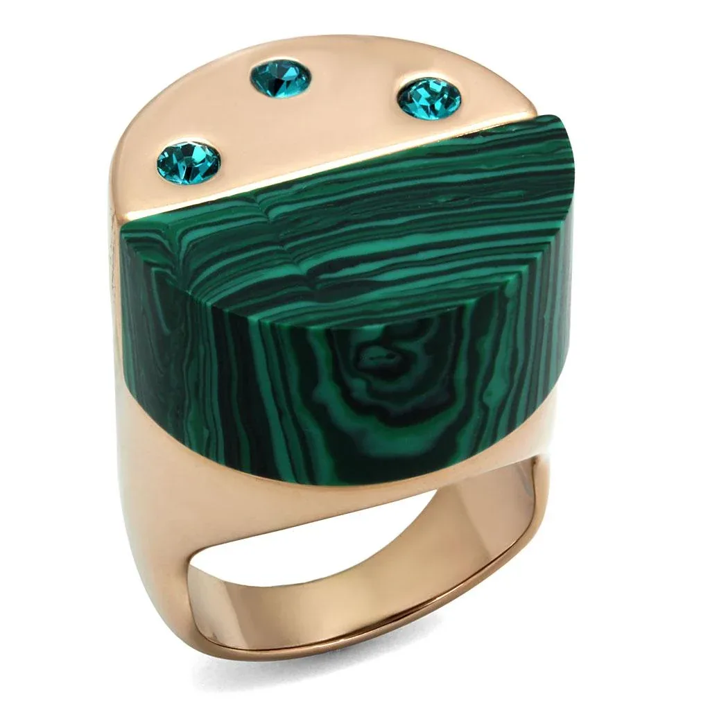 IP Rose Gold Stainless Steel Ring with Synthetic Malachite in Emerald by FASHNZFAB