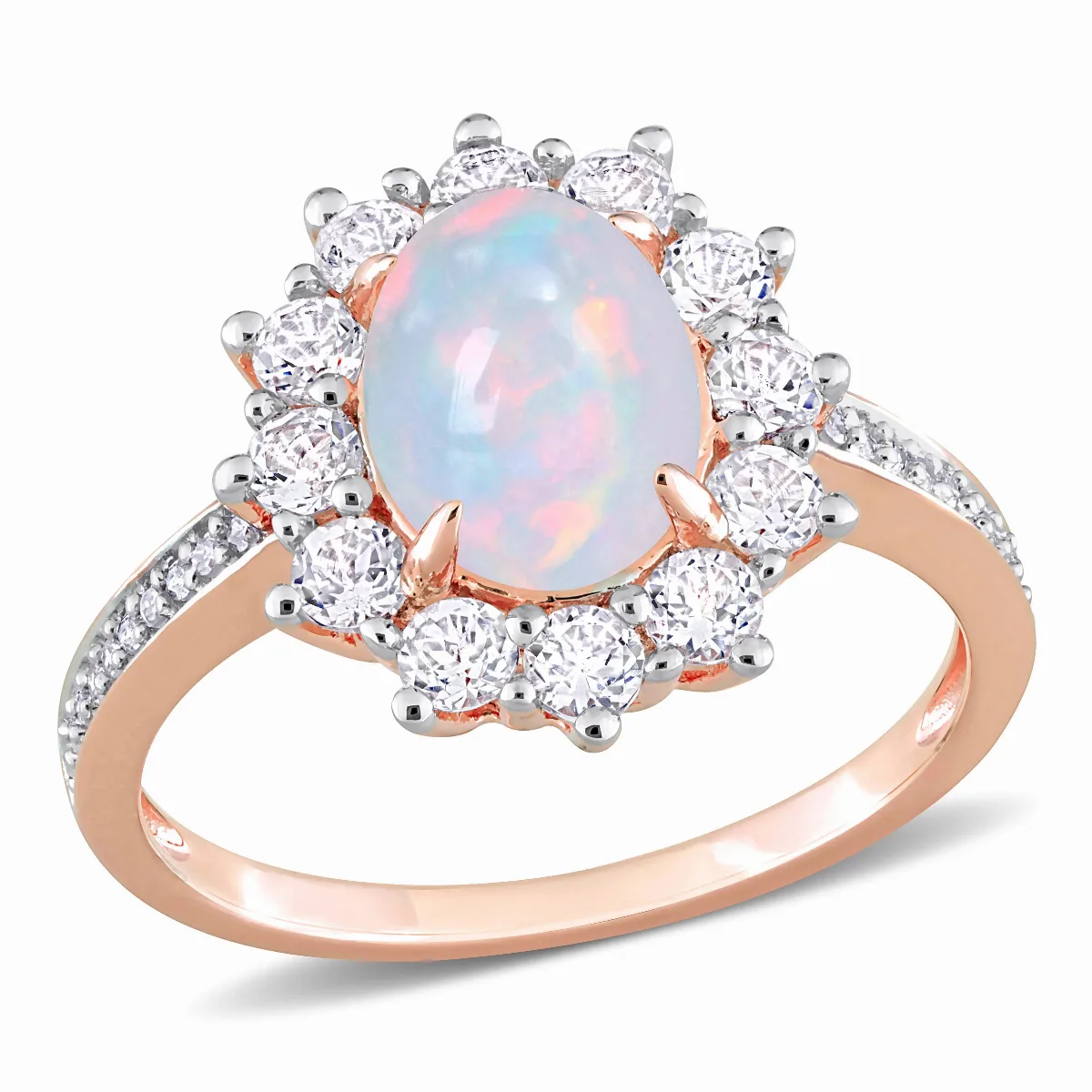 2 1/6 ct TGW Oval Shape Blue Ethiopian Opal and White Topaz and 1/10 ct tw Diamond Halo Ring in Rose Plated Sterling Silver by Mimi & Max