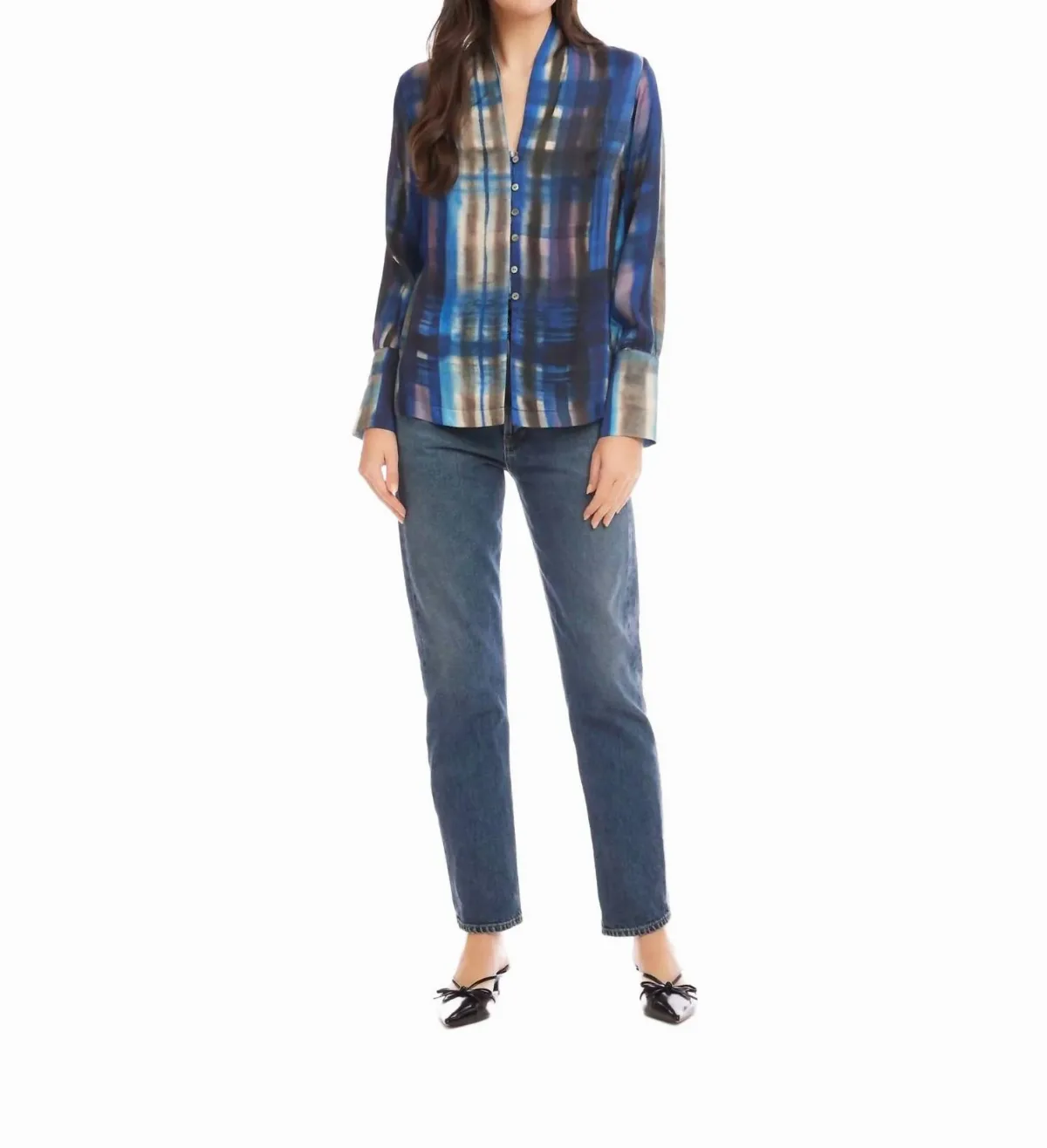V Neck Button Front Blouse in Print by Fifteen Twenty