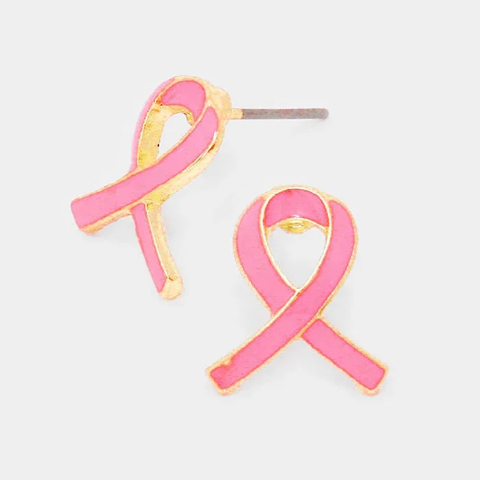 Enamel Pink Ribbon Symbol Stud Earrings by FASHNZFAB