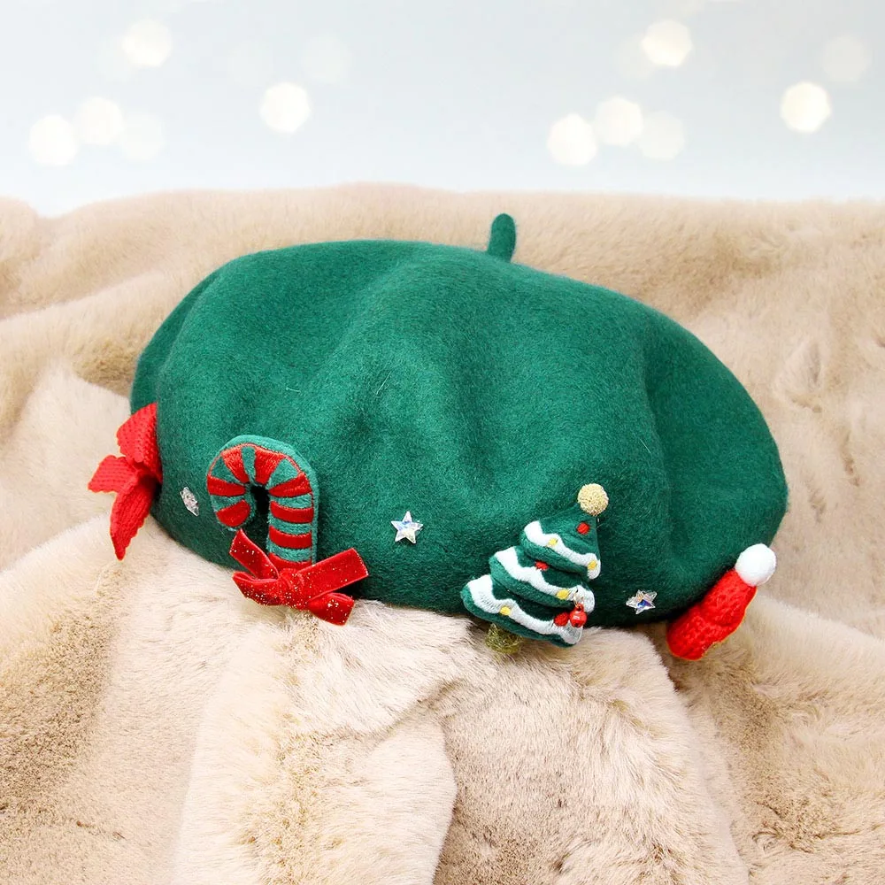 Wool Blended Christmas Charm Pointed Beret Hat by FASHNZFAB