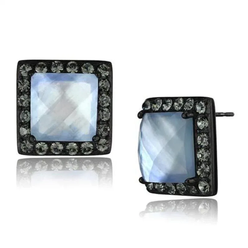 IP Black(Ion Plating) Stainless Steel Earrings with Precious Stone Conch in Aquamarine AB by FASHNZFAB