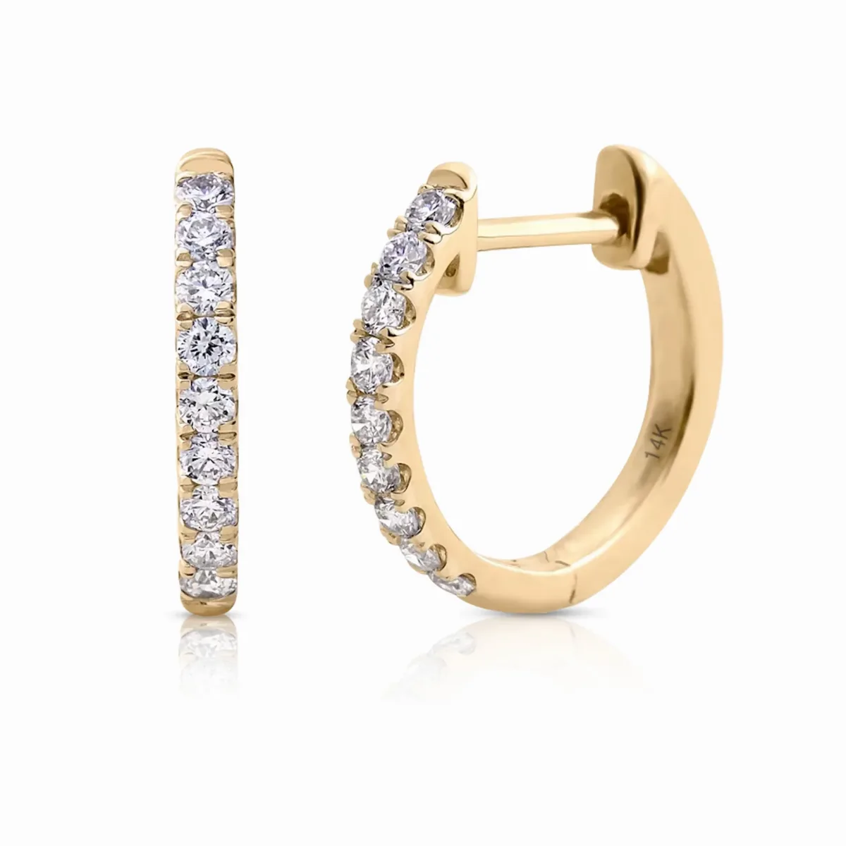 14k Solid Gold Diamond Half Pavé 14mm Huggie Earrings