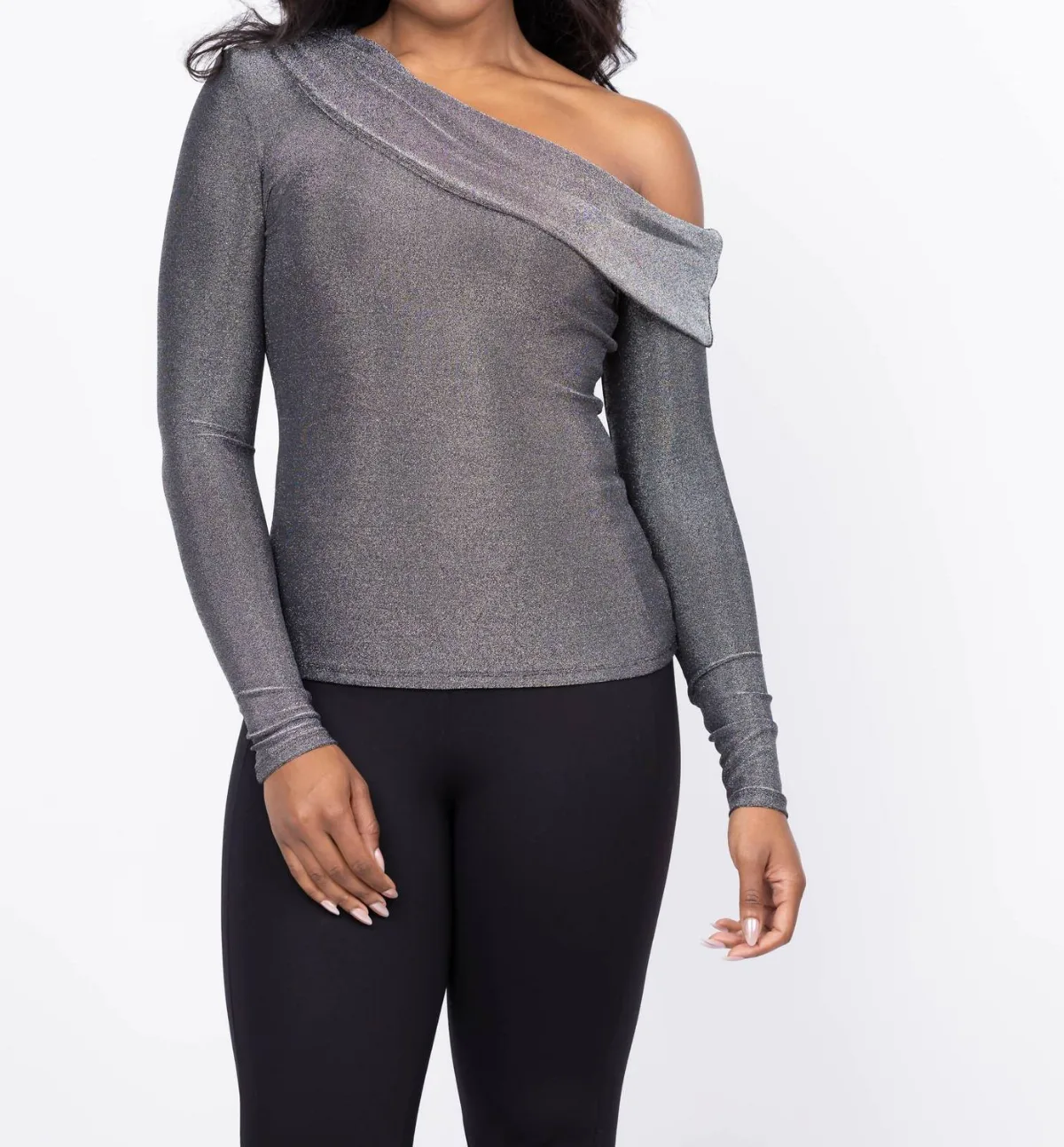 Carrie Sparkle Off-The-Shoulder Top in Silver Knit by Ramy Brook