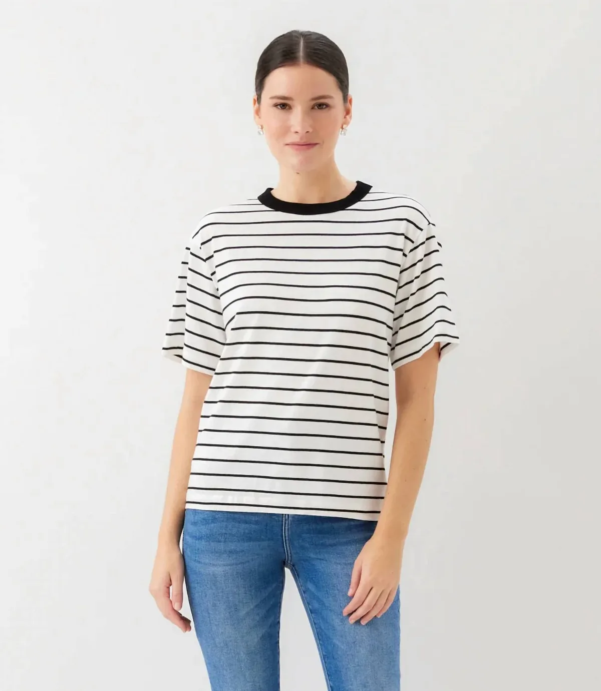 Stripe Short Sleeve Top in Off White with Black by Karen Kane