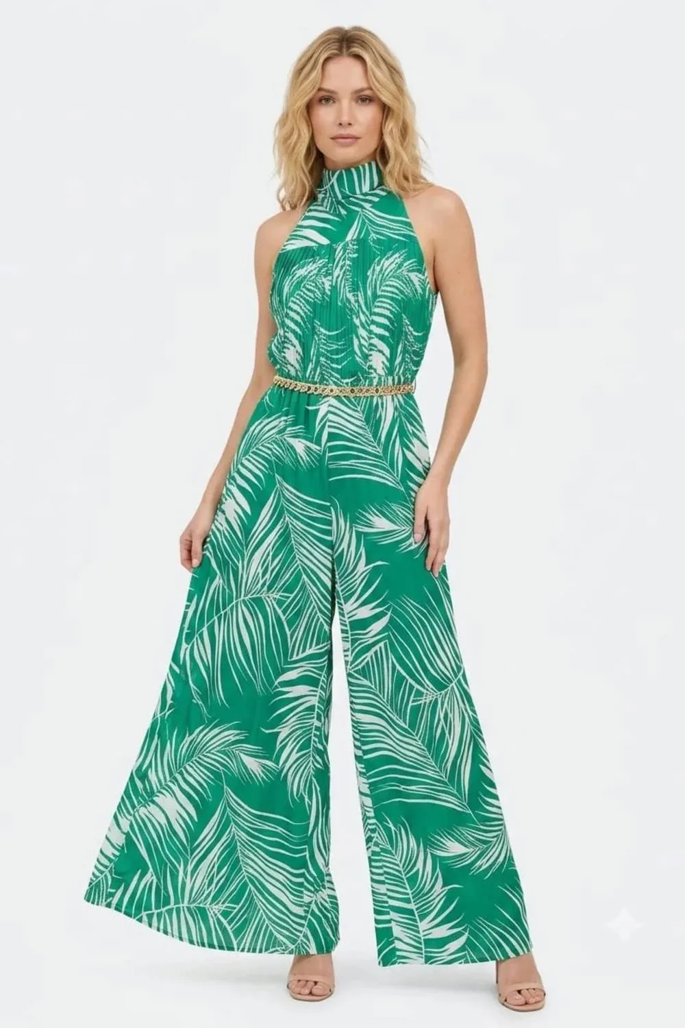 Tropical Palm Pleated Halter Jumpsuit by Chicways