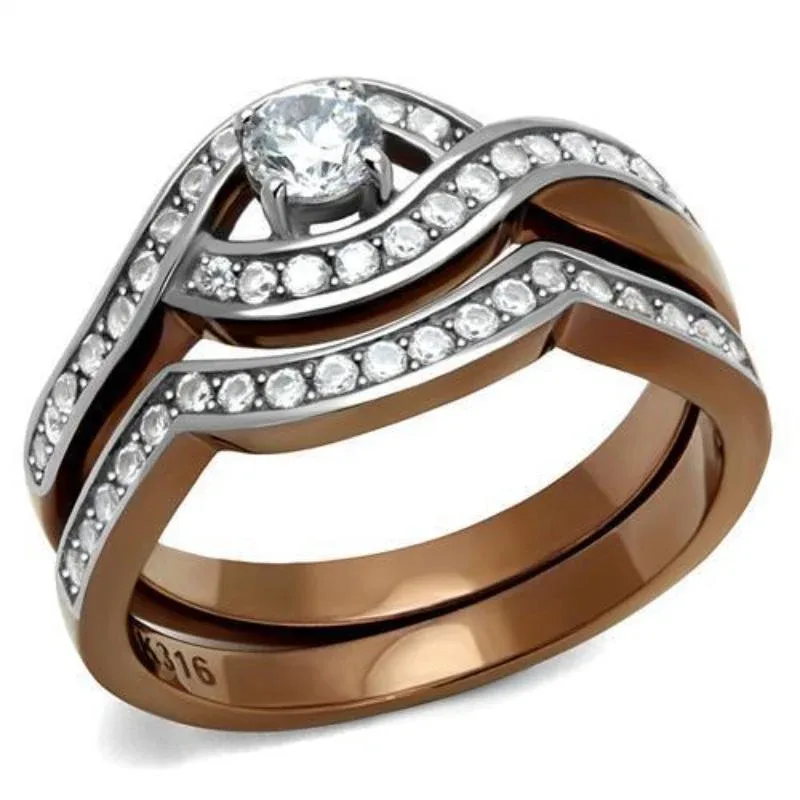 Two Tone IP Light Brown (IP Light Coffee) Stainless Steel Ring with AAA Grade CZ in Clear by FASHNZFAB