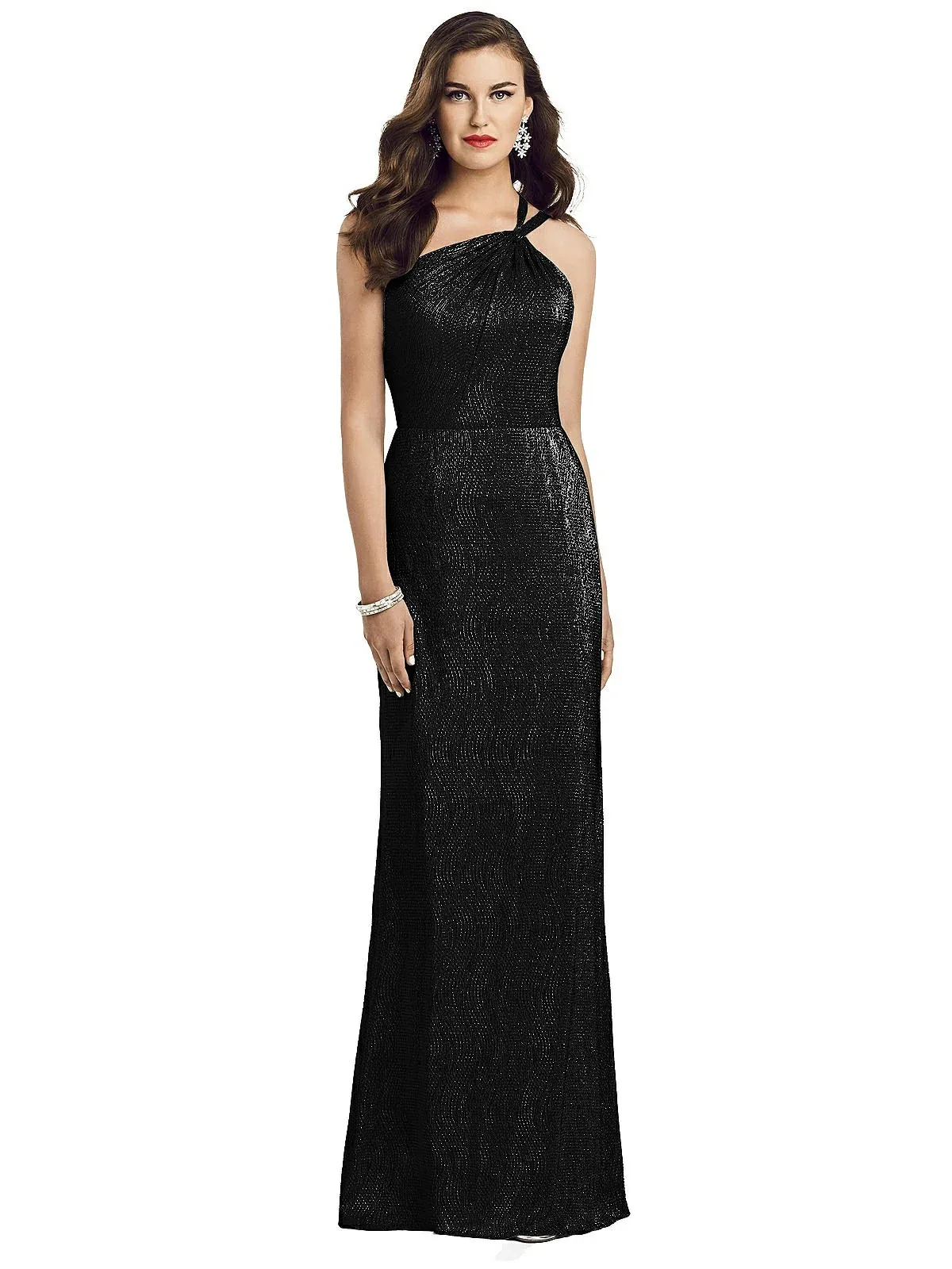 One-Shoulder Twist Metallic Trumpet Gown by Dessy Collection