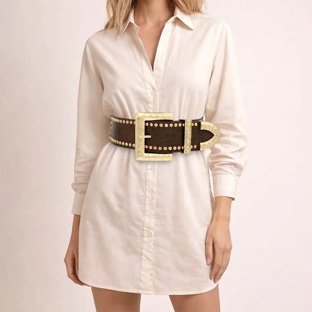 Wide Faux Leather Hammered Metal Buckle Accent Studded Stretch Waist Belt by FASHNZFAB