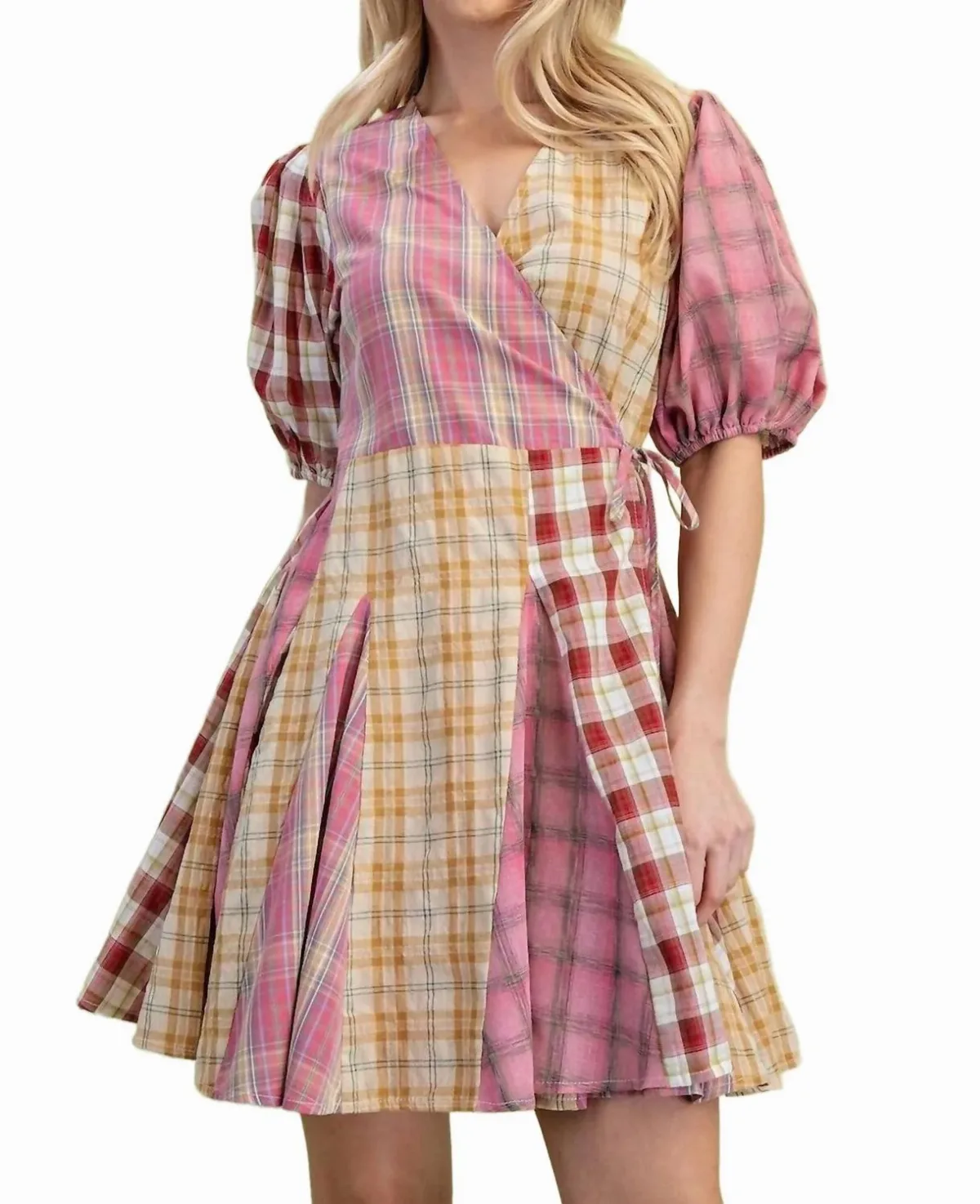 Mixed Check Print Wrap Mini Dress by GiGiO