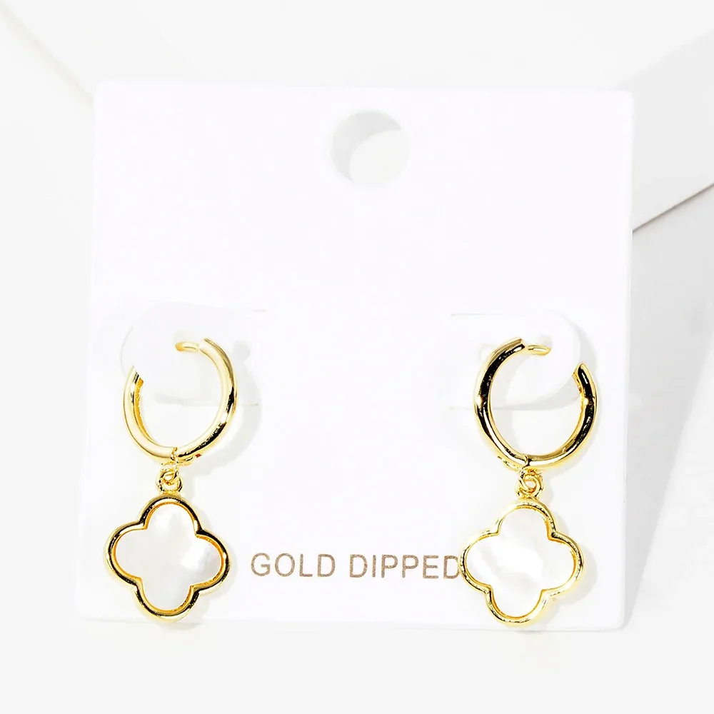 Gold Dipped Mother of Pearl Quatrefoil Link Dangle Huggie Hoop Earrings by FASHNZFAB