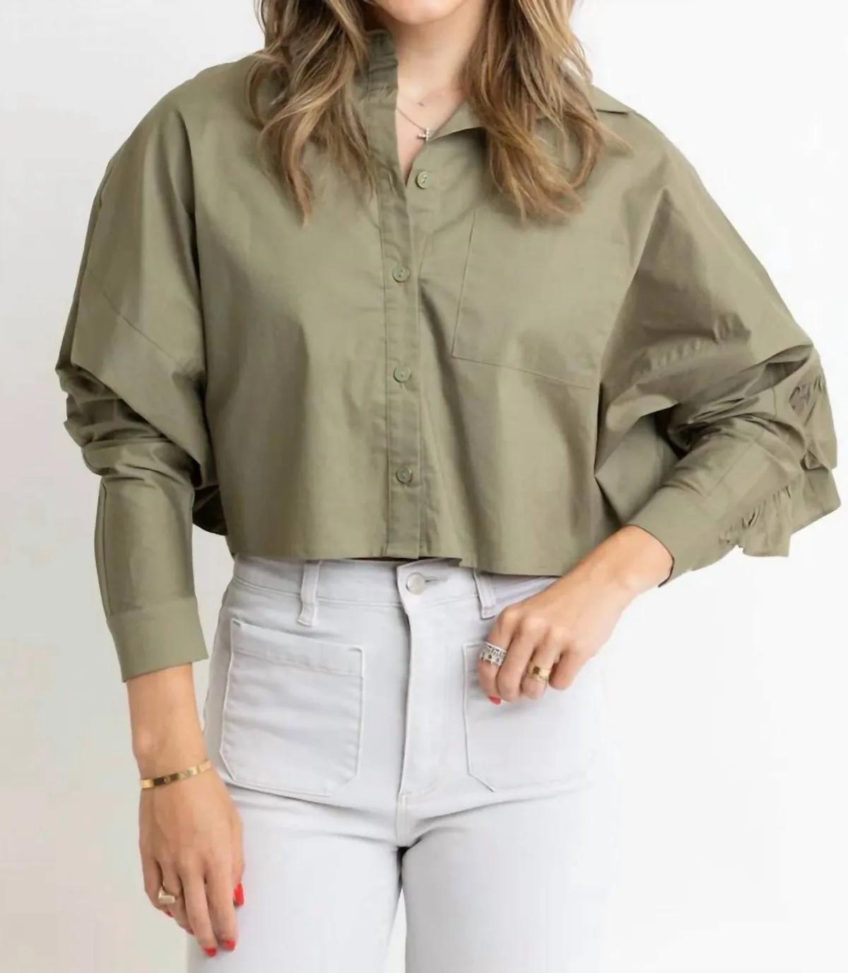Solid Poplin Ruffle Back Button Up Top by Karlie