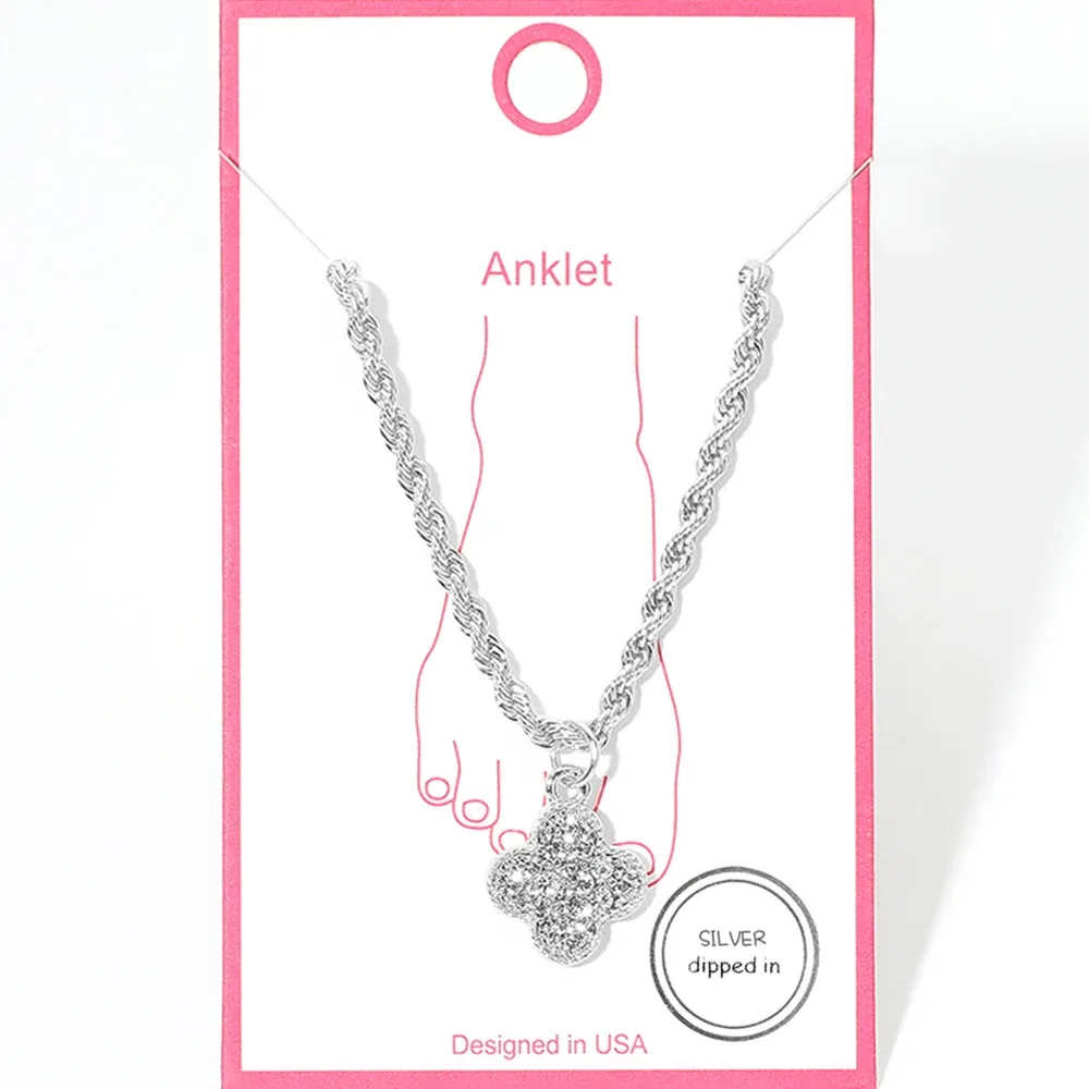 Dipped Rhinestone Pave Quatrefoil Charm Twisted Chain Anklet by FASHNZFAB