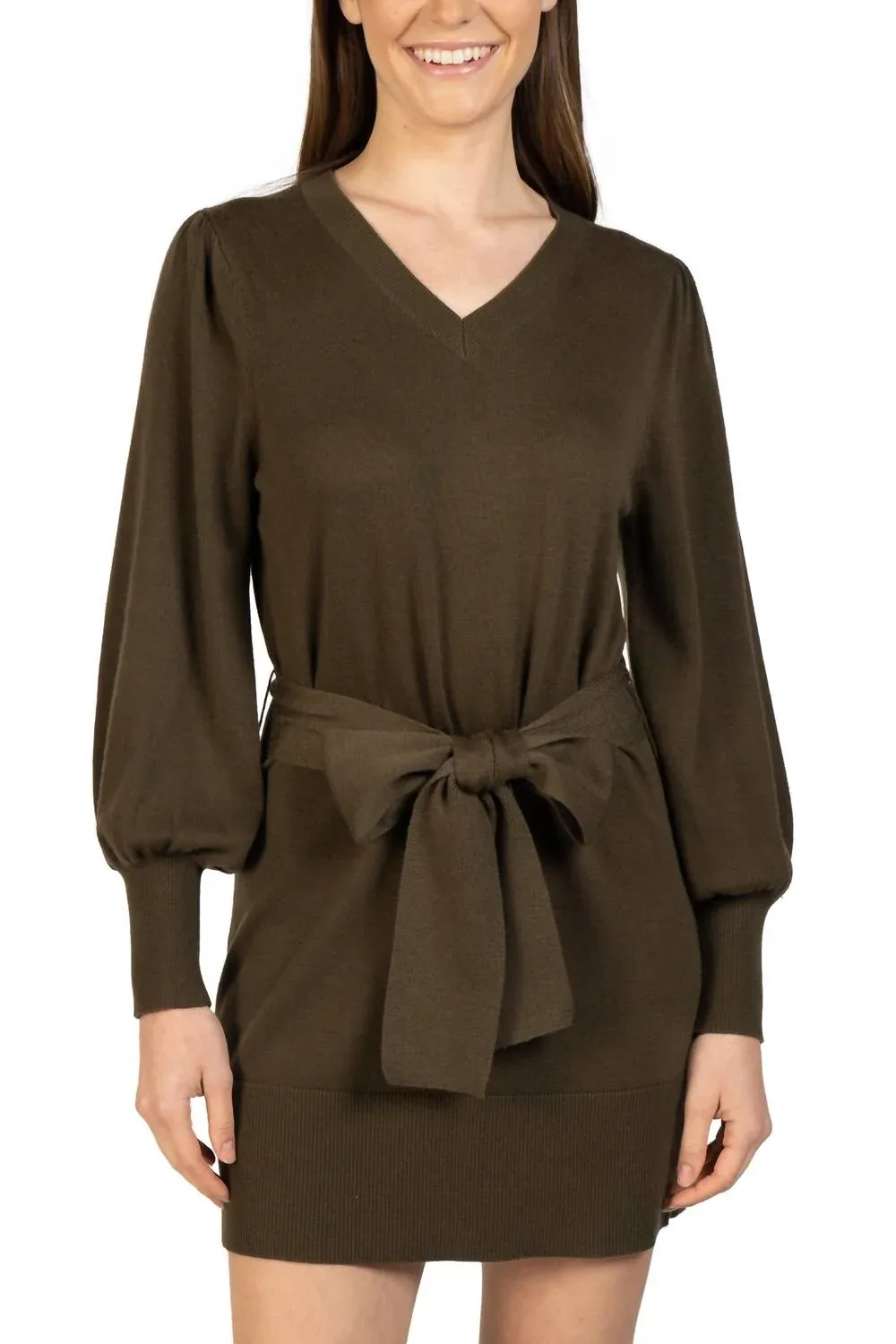 Short Knit Mini Sweater Dress with Tie